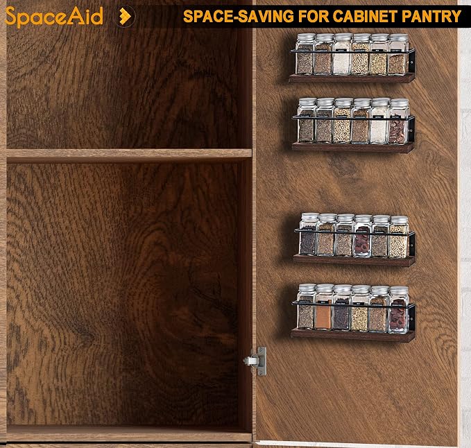 SpaceAid Spice Rack Organizer for Cabinet Door or Wall Mount (4 Pack) with 415 Spice Labels - Wood Hanging Seasoning Shelf for Cupboard Pantry or over the Stove