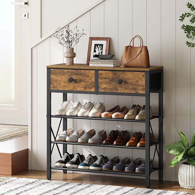 YATINEY 4 Tier Shoe Rack, Large Capacity Shoe Storage Organizer, Metal Shoe Shelf with Drawer and Wooden Top, for 16 Pairs of Shoes, for Entryway, Closet, Rustic Brown and Black SS24BR