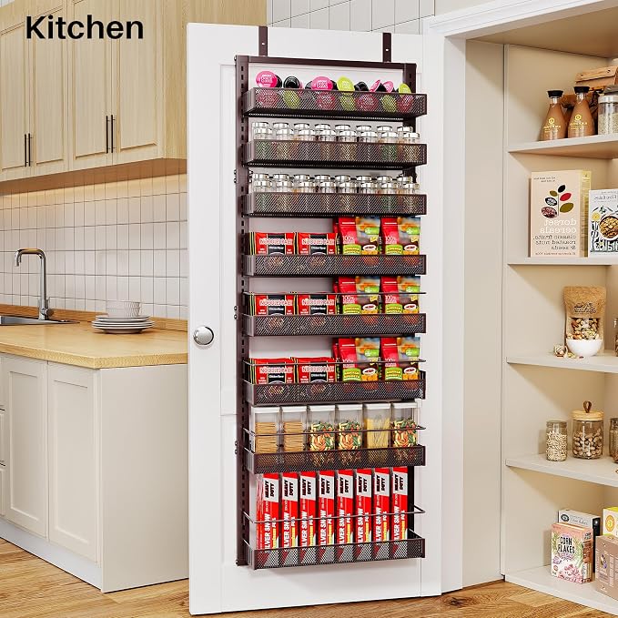 SNTD 8 Tiers Over the Door Organizer - Height Adjustable Pantry Organizers and Storage with Dense Mesh Baskets, Anti-Swing Hanging Door Spice Rack for Kitchen Bathroom (Bronze, 17" W x 6" D x 69" H)