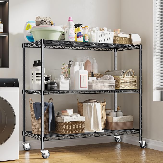 DurayLoly 3 Tier Metal Shelving Unit Adjustable Storage Shelves,Heavy Duty Shelf with Wheels for Kitchen,Office,Bathroom,Easy Assembly Wire Shelving for Laundry,Garage,45" W x 17.7" D x 41" H,Black.