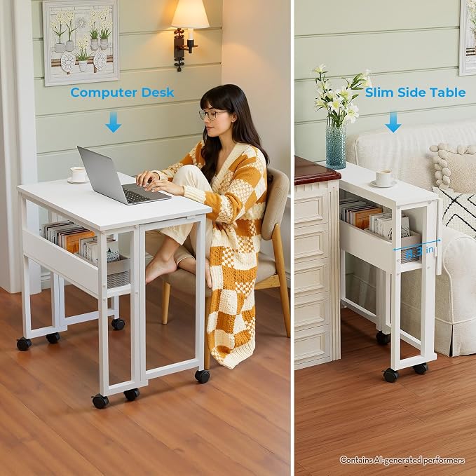 GreenForest Folding Desk with Wheels, 31.5" Rolling Table for Small Spaces | Storage Shelf, Lockable Casters, Compact Portable Workstation, Space-Saving Foldable Sofa Table, Home Office, Mobile, White