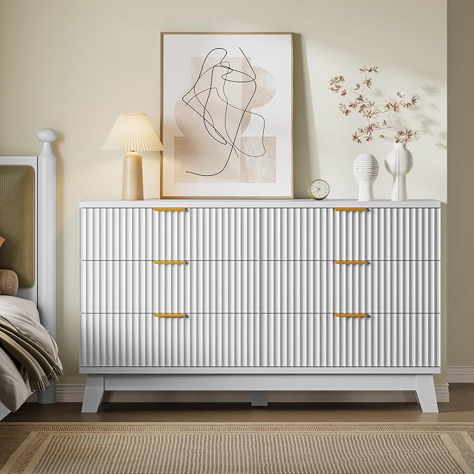 BORNOON Fluted 6 Drawer Dresser, 47.2" Wide Modern Boho Chest of Drawers, Wooden Storage Dresser TV Stand for Bedroom, Living Room, Closet, Hallway, Curved Profile Design