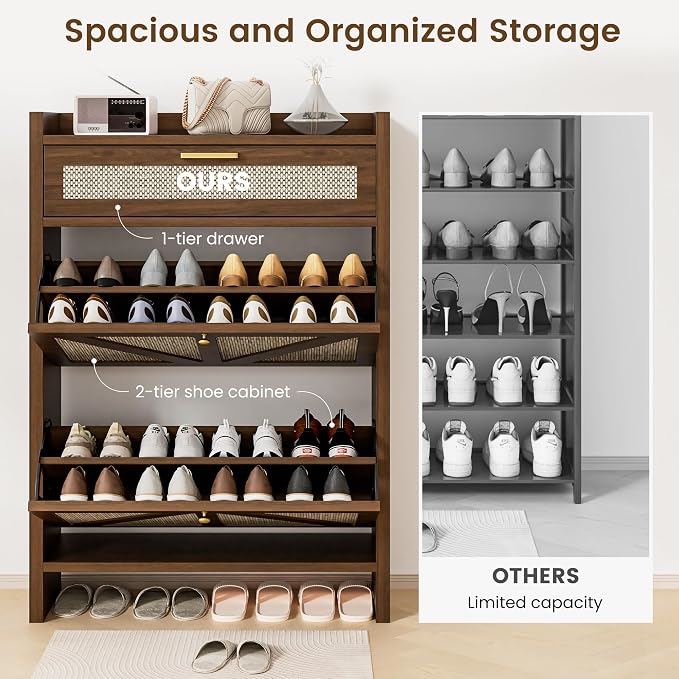 Rattan Shoe Storage Cabinet - Hidden Entryway Shoe Storage with Adjustable Shelf, Slim Shoe Organizer Cabinet with 2 Flip Drawers & 1 Drawer, Modern Shoe Cabinet Storage for Hallway Entrance