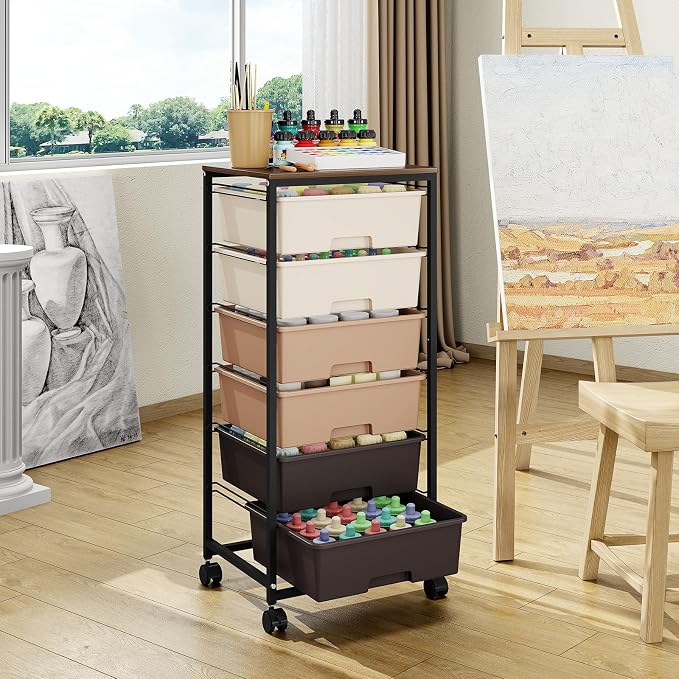 6 Drawer Rolling Storage Cart with Wooden Top and Wheels for Crafts,Brown | Easy Setup, Large Capacity, Sturdy Build, Lockable Mobility, For office, classroom and art studio supplies