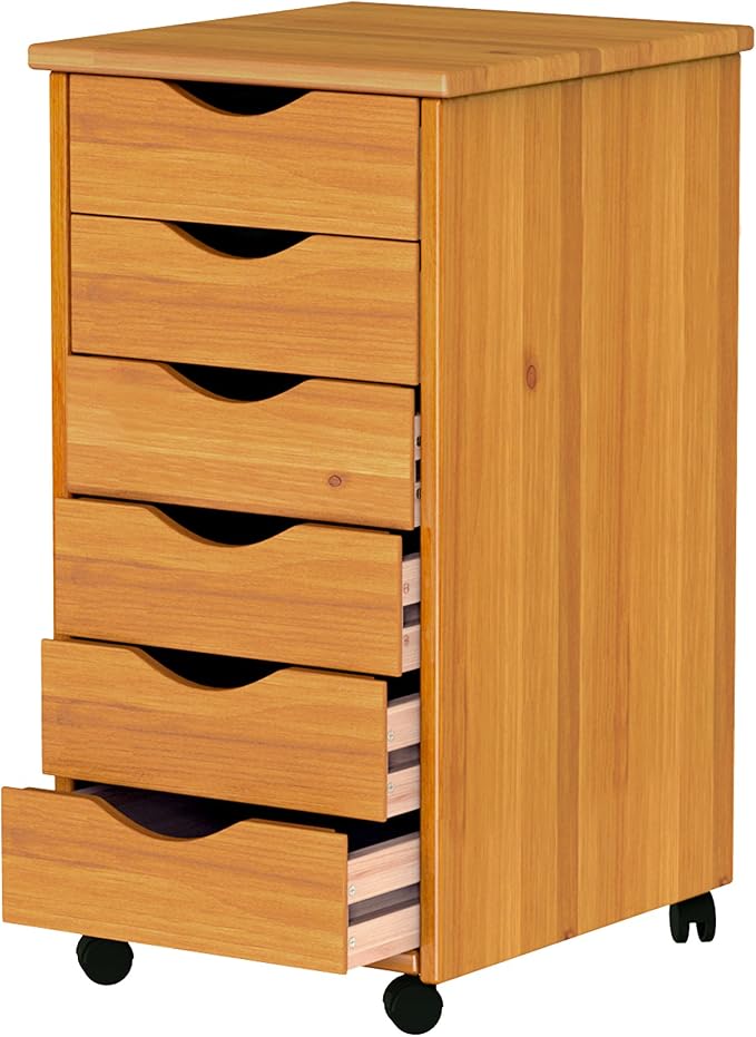 Jela-USA Solid Pine Wood 6 Drawer Rolling Cart, Honey Pine
