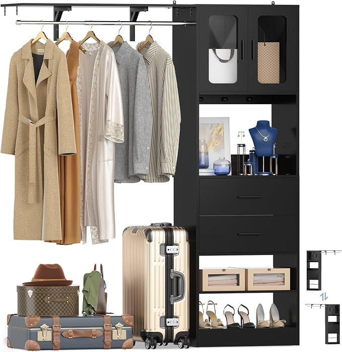 5FT Closet System with Doors and Wooden Drawers, 60'' Reversible Closet Organizer System with Big Wing Shelf and Hanging Rod, 80'' Tall Walk in Wardrobe Closet System with Shelves & Hooks, Black
