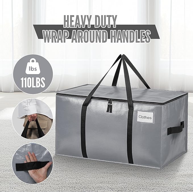 BAGAIL Heavy Duty Moving Bags with Strong Handle, Extra Large Moving Boxes, Storage Tote for Clothes, College Moving Supplies(Grey, 4 Pack)