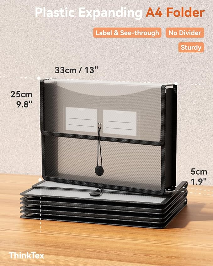ThinkTex Plastic Expanding File Folders, Transparent Envelopes with Elastic | No Dividers, Large Capacity, Fits Letter/A4 Size, for Home, Office, School, Tax, Bill Organization - 3 Pack
