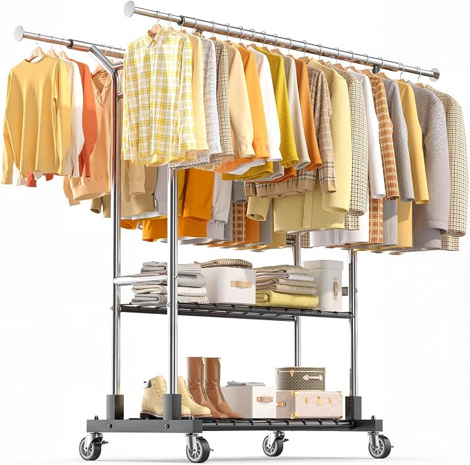 Luxspire Double Rod Clothing Racks for Hanging Clothes Load 650 LBS, Silver | Zinc-iron alloy frame, 2-tier sturdy shelves, lockable silent wheels, adjustable extendable rods for bedroom & laundry room