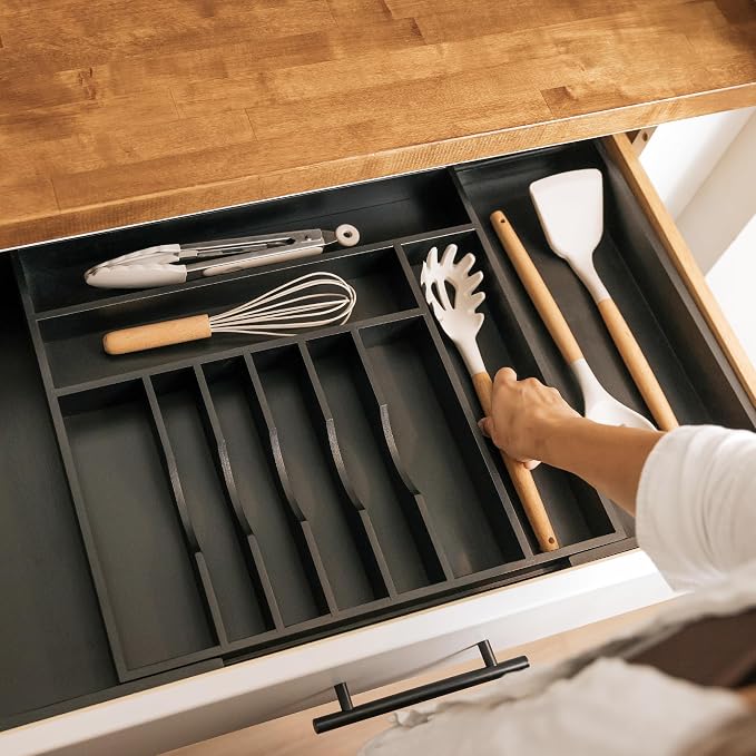 KitchenEdge Premium Silverware, Flatware and Utensil Organizer for Kitchen Drawers, Food-Safe Contract Grade, Expandable from 18 to 33 In, Black Bamboo