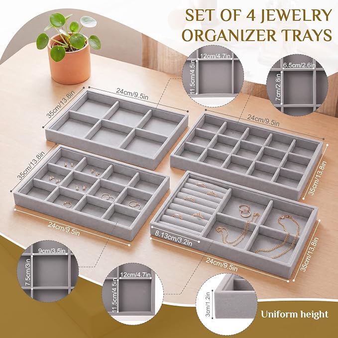 Unittype Set of 4 Stackable Jewelry Organizer Tray for Drawer Inserts Velvet Necklace Earring Bracelet Ring Holder Jewelry Display Storage Box for Bangle Stud Necklace Ring(Mixed Styles,Gray)