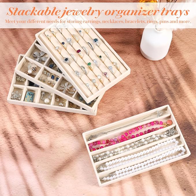 9 Pcs Stackable Jewelry Organizer Trays Velvet Jewelry Organizer for Drawer Adjustable Earring Necklace Ring Bracelet Display Storage Case, Beige