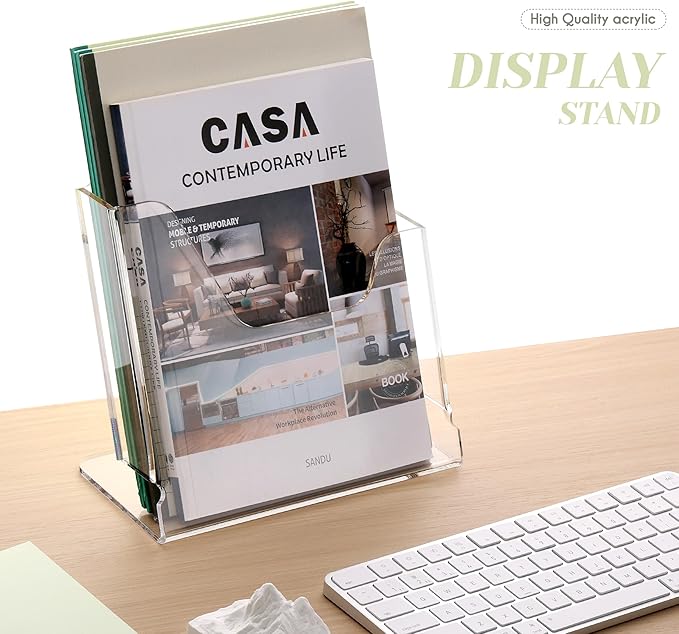HeZone Acrylic Brochure Holder 8.5X11Inch , Clear Flyer Stand Display, Magazine Pamphlet, Booklet Holder for Desk(1 Pack) Used For Office Exhibitions Café Hotel Lobby Library...