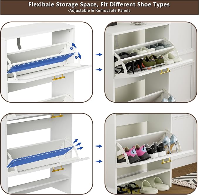 Narrow Shoe Cabinet Storage for Entryway, White | Freestanding Shoe Organizer with 2 Flip Drawers, Louvered Doors, Anti-tip Device, Modern Show Rack