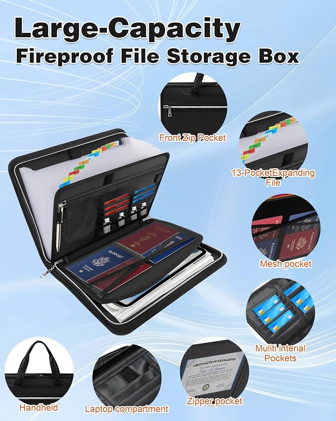 Fireproof Bag Important Document Organizer/13 Pocket Accordion File | Expanding File Folder with Labels, Safe Holder and Organizer for Birth Certificate, Paper, Receipt, Bill, etc.