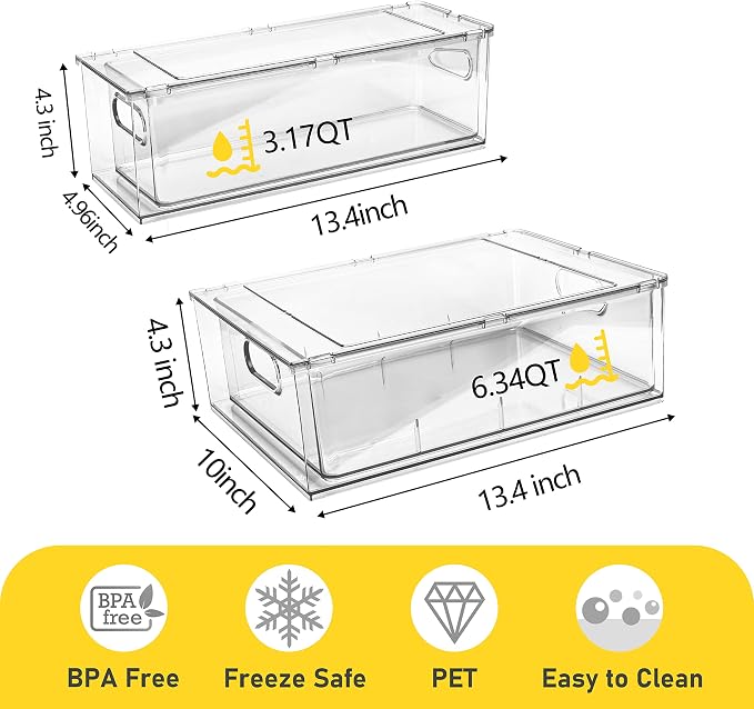 3 Pack Refrigerator Organizer Bins with Pull-out Drawer Stackable Clear Fridge Drawer Organizer Fruit Vegetable Storage Containers for Kitchen Pantry Organization (1 Large+2 Small)