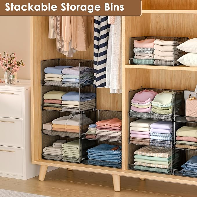 Tiaoheka 4-Tier Stackable Closet Organizers and Storage, Metal Wire Storage Shelves for Closet,Mesh Closet Shelves and Storage Bins for Clothes, Sweaters and Handbags