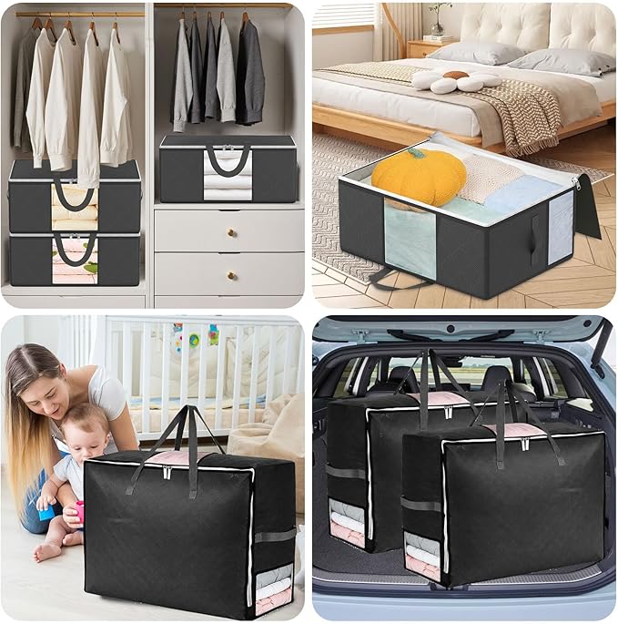 4 Pack 105L Extra Large Comforter Storage Bag, Foldable Bedding Storage Blanket Moving Bags for Clothes Pillows Sweater Dorm, Linen Closet Organizers with 4 Handles & 3 Clear Windows, Black