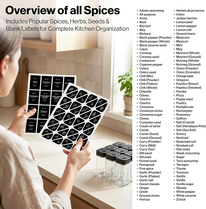 EDELHAUS Square Glass Spice Jars with Label and Black Rotating Lids (24 x 4oz) Spice Containers with 240 Labels, Shaker Inserts, Silicone Funnel, Empty Square Empty Square Seasoning Organizer