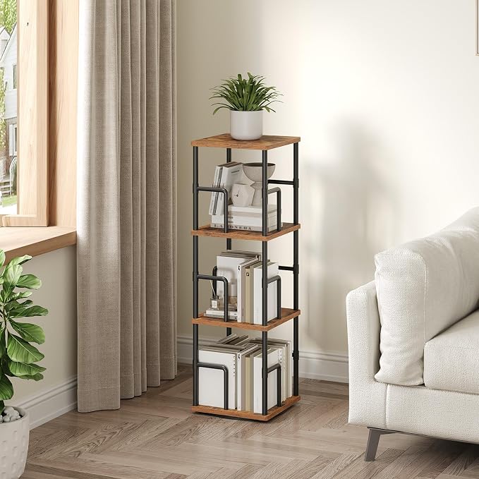 MAHANCRIS 3-Tier Rotating Bookshelf, Freestanding Corner Bookshelf, 360° Spinning Bookcase, Industrial Style Storage Rack with Rails, for Living Room, Bedroom, Study, Rustic Brown and Black BKHR1401