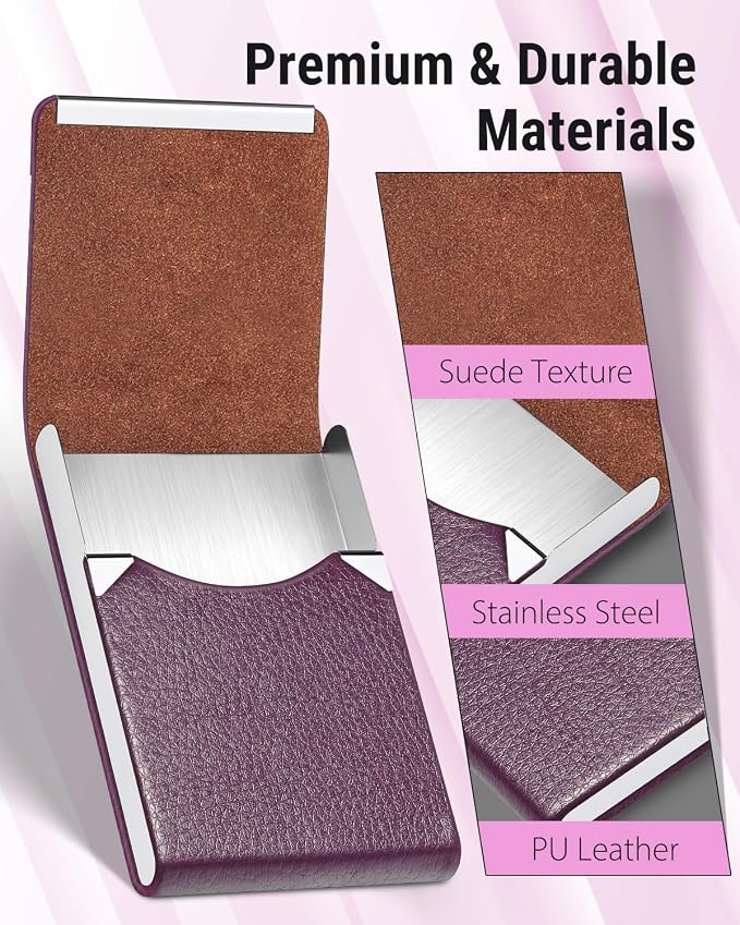 MaxGear Business Card Holder, PU Leather Business Card Case, Purple | Stainless Steel Interior, Magnetic Closure, RFID Blocking, Holds 15–25 Standard Business Cards