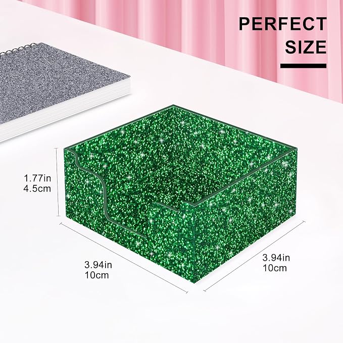 Rouidr Acrylic Sticky Note Holder, Self Stick Note Pad Holder, Bright Green | 3.94 x 3.94 Inch Glitter Memo Pad Dispenser Organizer for School Office Home Desk Supplies