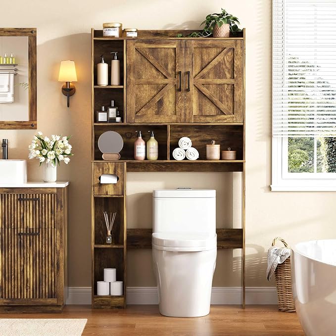 Vabches Over The Toilet Storage Cabinet with 2 Barn Doors, Rustic Brown | Farmhouse Storage Cabinet with Toilet Paper Holder Stand，Home Space-Saving Toilet Rack, for Bathroom, Restroom, Laundry