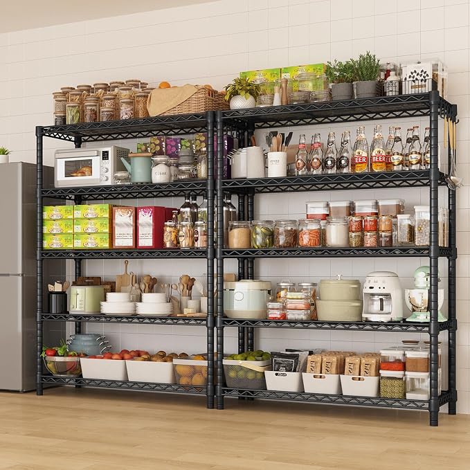 5 Tier Storage Shelves 74" H Wire Shelving Adjustable Metal Shelving,1250LBS Pantry Shelves Sturdy Steel Wire Shelf for Kitchen Commercial Pantry Garage Warehouse,74" H X36 W X14 D, Black