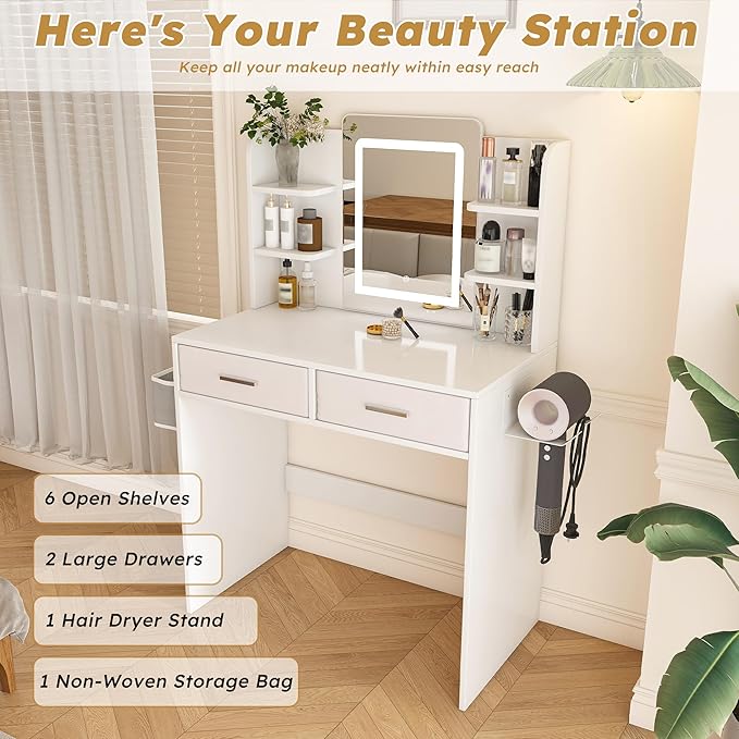 Small Makeup Vanity Desk with Mirror and Lights, Vanity Table with 2 Storage Drawer & Open Shelves, 3 Lighting Colors, Hair Dryer Stand, Adjustable Brightness White Makeup Vanity