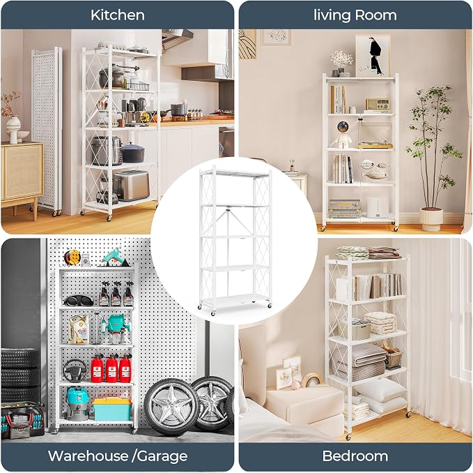 Fenbeli 5 Tier Storage Shelf with Wheels - Metal Collapsible Shelving Unit Display, Heavy Duty Folding Shelves, No Assembly Organizer Rack for Garage Kitchen, Basement, Pantry (White, 5 Tier)
