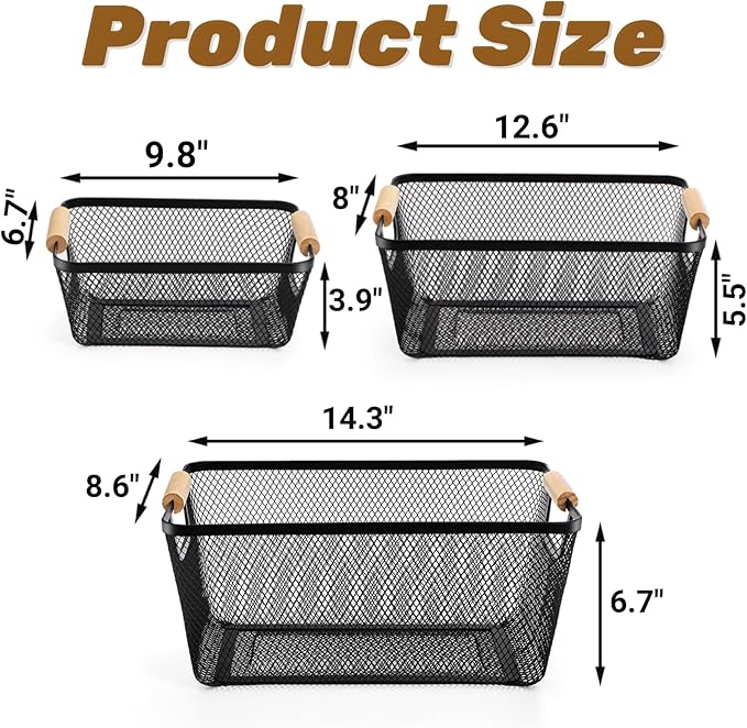 Noamus 3 Pack Metal Mesh Basket with Wooden Handle, Farmhouse Wire Steel Storage Bins, Rectangle Fruit Vegetable Organizer Containers for Home Cabinet Pantry Kitchen Decor, Snack Gift (Black, 3 Size)