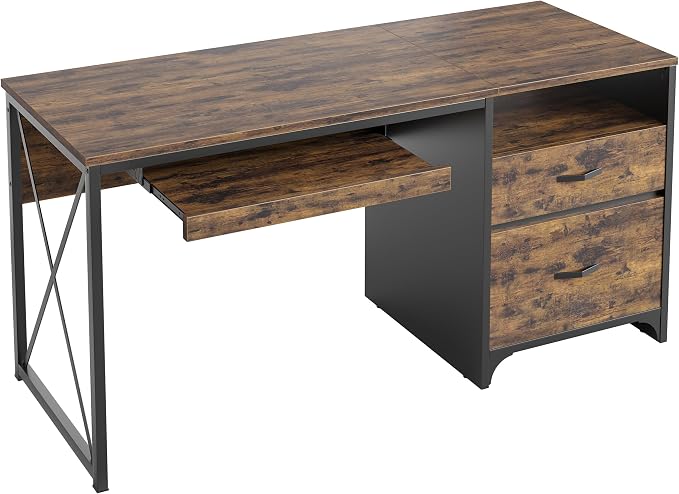 Bestier Office Desk with Drawers, 55 inch Industrial Computer Desk with Storage, Wood Teacher Desk with Keyboard Tray & File Drawer for Home Office, Rustic Brown