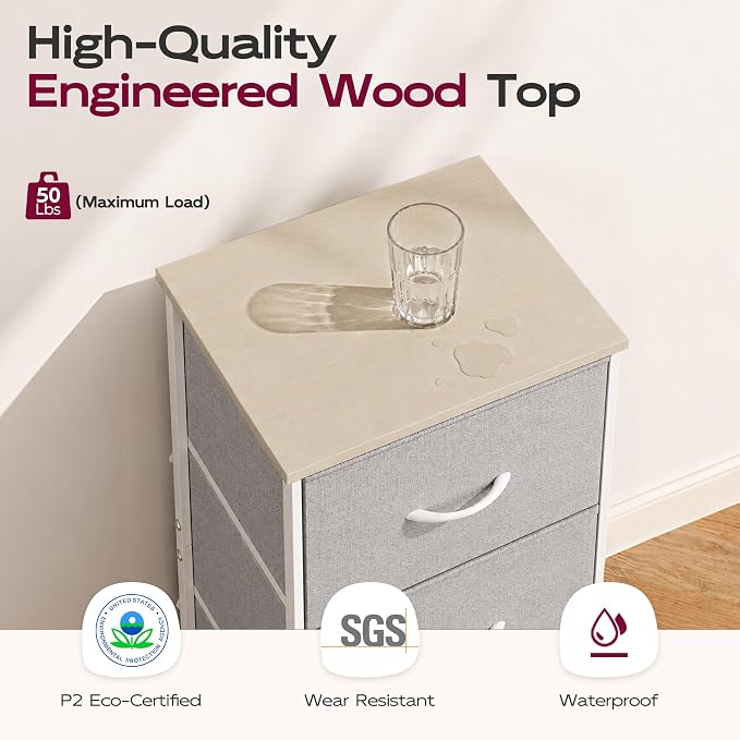WLIVE Nightstand with 3 Drawers, Fabric Dresser, Organizer Unit, Storage Dresser for Bedroom, Hallway, Entryway, Closets, Sturdy Steel Frame, Wood Top, Easy Pull Handle, Light Grey