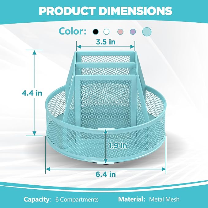 Docnest 360°Rotating Mesh Desk Organizer,6-Compartment Pen Holder,Blue | Heavy-duty metal holder with removable divider. Space-saving stationery storage for pencils, scissors & markers