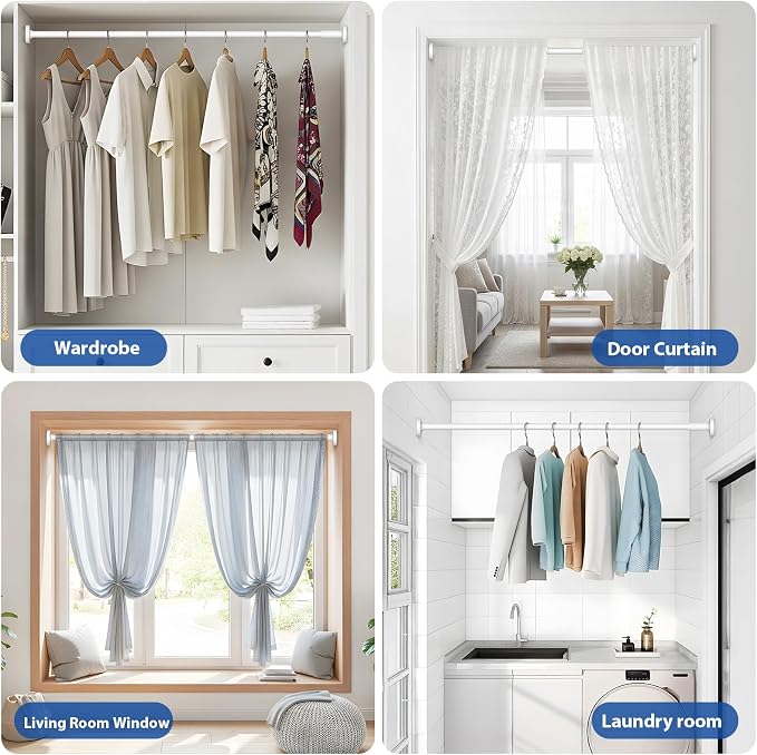 Tension Curtain Rod 32-76Inch Adjustable Shower Rod White Tension Rod Spring Curtain Rods no Drilling Shower Rods for Bathroom,Windows,Closets,Doorway