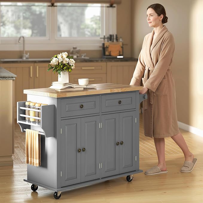 HOMCOM Kitchen Island Cart with Rubber Wood Top, Rolling Kitchen Island Table on Wheels with Drawers, Adjustable Shelves, Spice Rack and Towel Rack for Dining Room, Gray