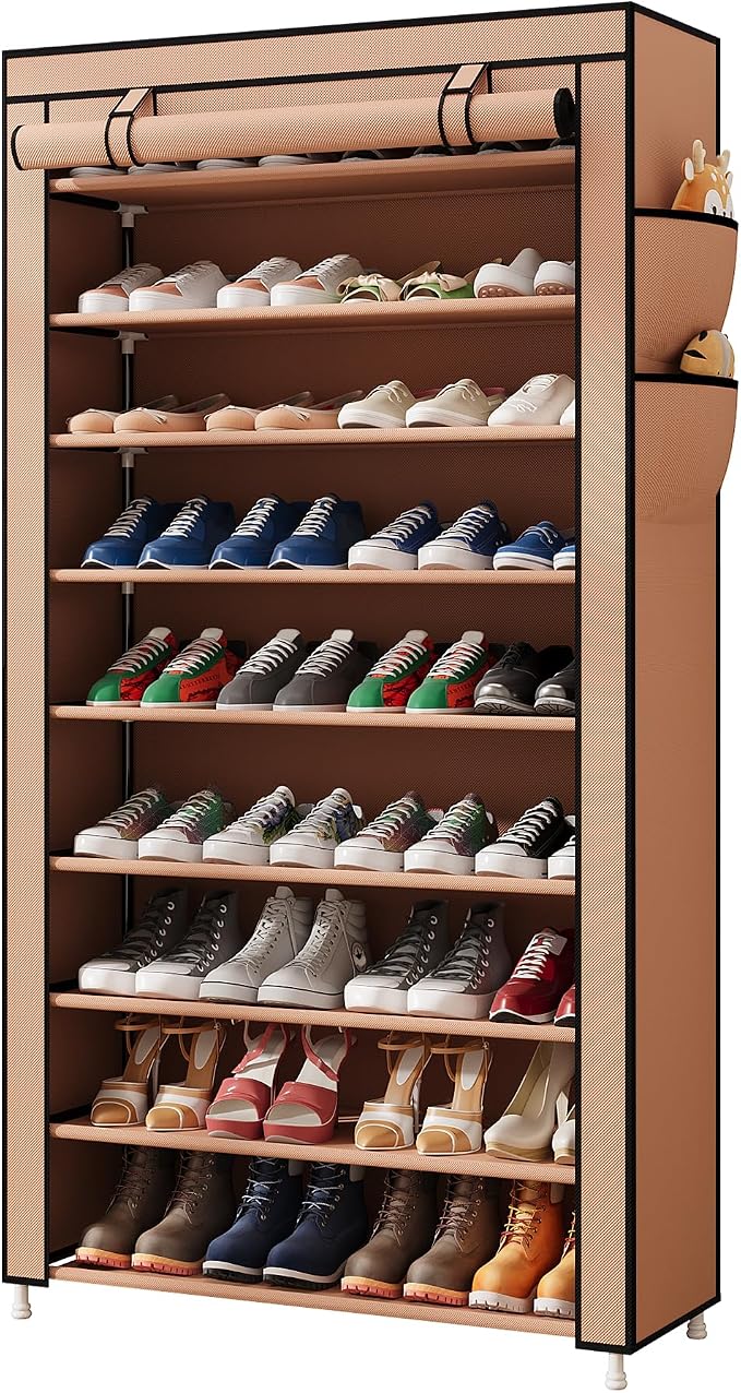 Laiensia 9-Tier Vertical Shoe Rack Organizer, Space Saving Shoe Storage Organizer, Non-Woven Cover Shoe Shelf Holds 36-45 Pairs for Bedroom, Hallway, Closet Entryway, Brown