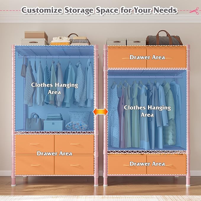 Raybee Clothes Rack with Drawers, 35" W Pink Clothing Rack Load 450LBS for Bedroom Apartment Dorm, Heavy Duty Metal Portable Closet with Adjustable Shelves, Multi-Function, Easy Assembly
