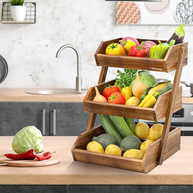 G.a HOMEFAVOR Fruit Basket: 3-Tier Acacia Wood Fruit Bowl for Kitchen, Fruit Stand Storage Holder for Vegetables and Snack Home Kitchen Countertop Organizer (Self-assembly)