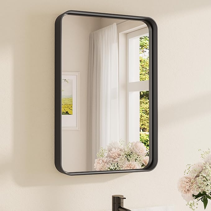 TETOTE 16 x 24 Inch Black Frame Mirror, Bathroom Vanity Mirror for Wall, Modern Round Corner Rectangle Matte Framed Mirror 2 Inch Thick(Horizontal/Vertical)
