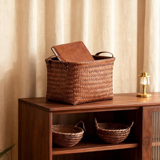 15L Laundry Baskets Waterproof Storage Baskets For Shelves Large Laundry Hamper With Leather Handle -set of 6 Cube Organizers Woven Bins for Bathroom,Bedroom,Pantry,Clothes,Car & Towels-Brown
