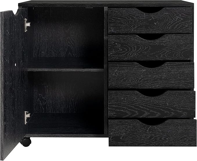 Naomi Home Wooden 5 Drawer Office File Cabinet with Shelves and Wheels, Mobile Storage Cabinet with Drawers for Home Office, Ideal for Under Desk or Printer Stand Use in Distressed Black