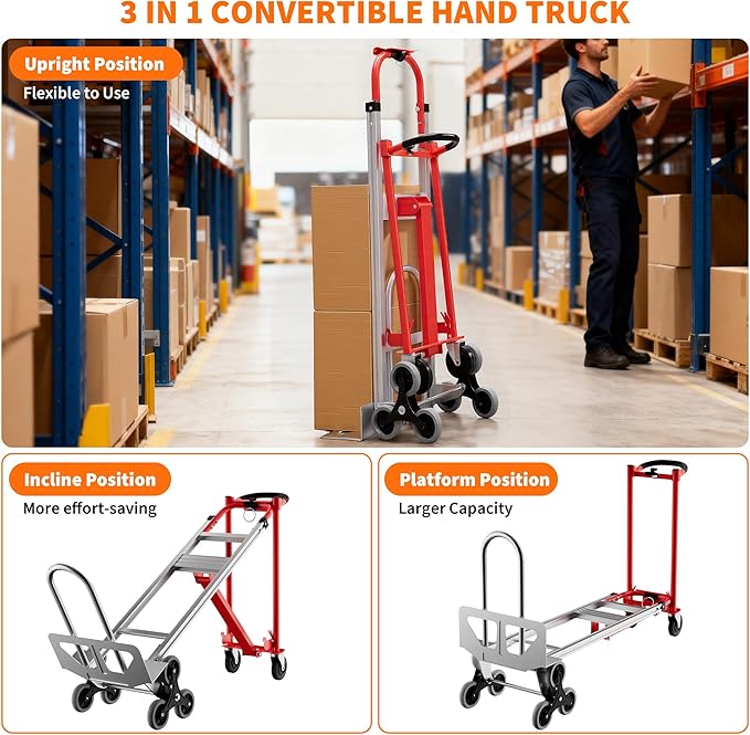 3-in-1 Convertible Hand Truck - 800 Lbs Heavy Duty Multi-Functional Aluminum Moving Dolly with Stair-Climbing Wheels - Folding Platform Cart & Utility Trolley for Home, Warehouse, Office