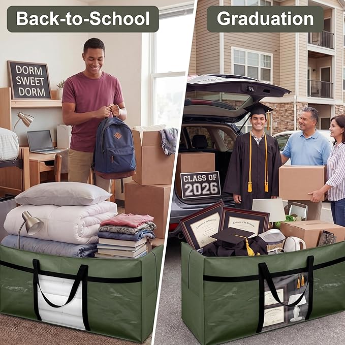 4 Pack 66 Gallon Extra Large Moving Bags with Visible Window XXL Heavy Duty Storage Bag Jumbo Big Tote for College Dorm Clothes Blankets Space Saving Alternative to Moving Boxes(Army Green)