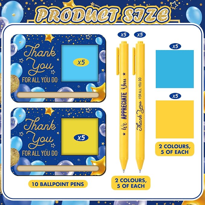 Kosiz 10 Set Back to School Teacher Gifts Blue Gold Wooden Sticky Note Holder with Notes and Ballpoint Pens Inspirational Sticky Notes Sets for Teacher Back to School Thank You Gift