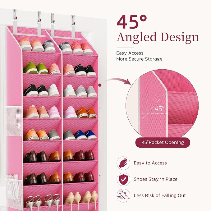Criusia Over the Door Shoe Organizer, 20-30 Pairs Heavy-Duty Hanging Shoe Storage with Large Pockets, 10-Tier Door Shoe Rack with 4 Hooks for Sneakers Sandals Heels Boots (Pink)