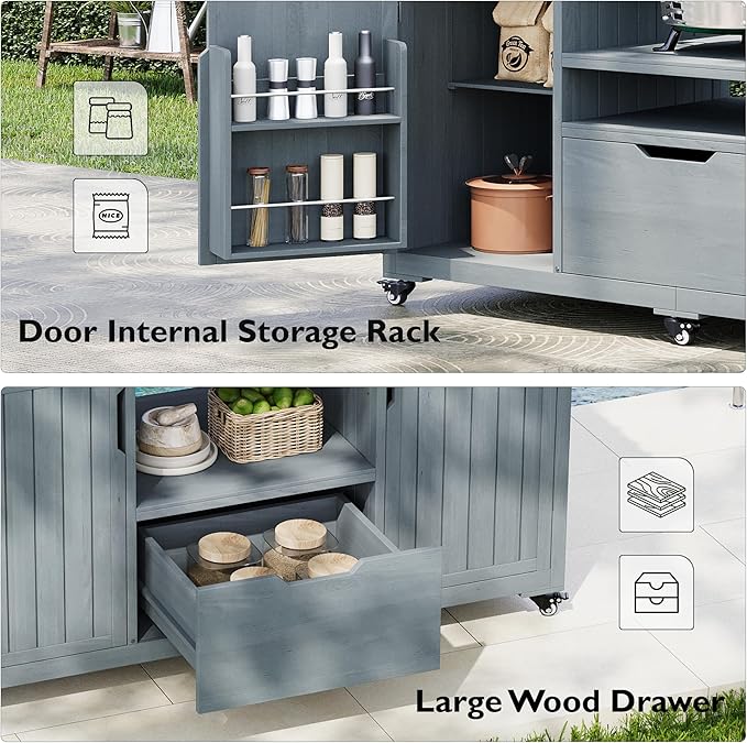 Amposei Outdoor Grill Cart Table for Large Big Green Egg Accessories 66.5’’ Solid Wood Kitchen Storage Island Prep Station with Stainless Steel Top for BBQ, Grey Blue