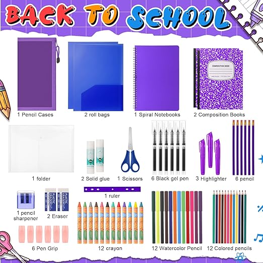 Gilprop 39 Pcs Back to School Supplies Essentials Bundle Include Pencils Scissors Ruler Eraser Crayon Sharpener Notebook Pencil Case Folder Notebook(Purple)