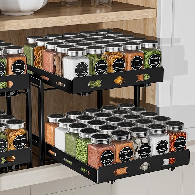 Pull Out Spice Rack Organizer for Cabinet, 2 Tier Cabinet Spice Rack Organizer, Height Adjustable Vertical Spice Rack for Cabinet, Kitchen, Pantry, Cupboard (11.9''Wx10.8''Dx9.2''H, Metal Black)