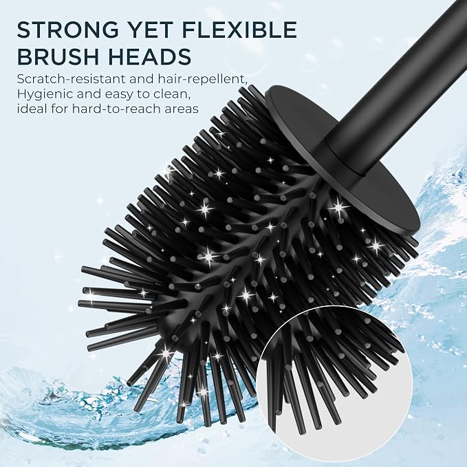 FORIOUS Toilet Brush, 2 Toilet Bowl Brush Head Square Medium Black 2 Pack | Heavy Duty 304 Stainless Steel Base, Silicone and Plastic Brush Heads, Long Handle for Deep Cleaning, Drip-Proof